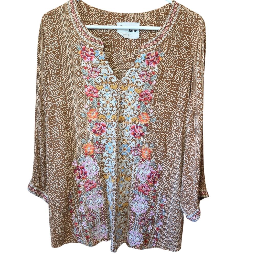 Savanna Jane floral embroidered boho blouse size large 100% rayon